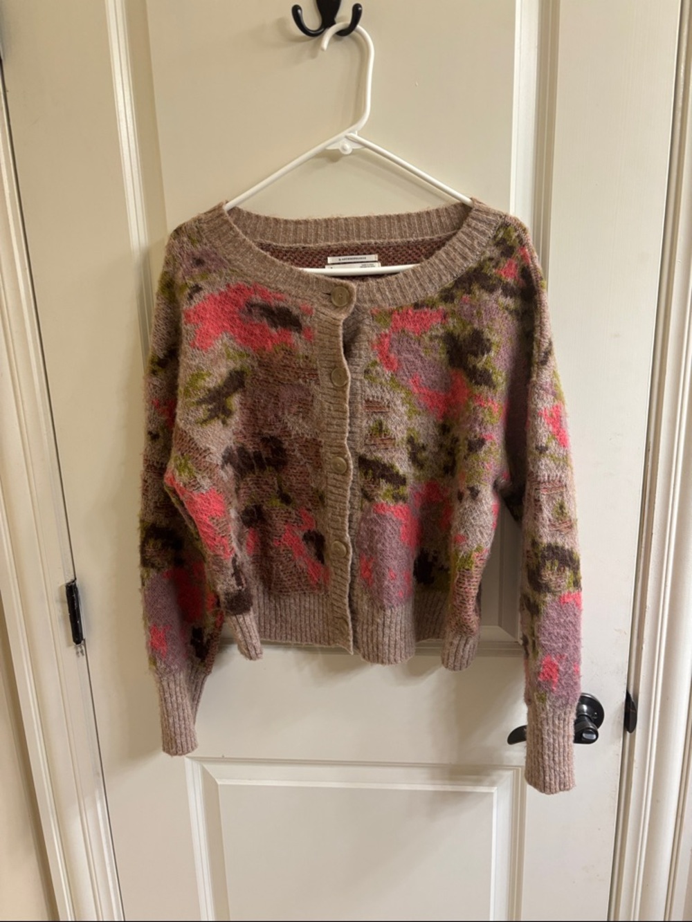 Anthropologie Taupe Cardigan with Pink & Olive Floral Accents
